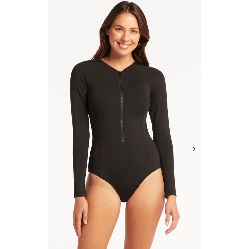 Sea Level Sz 12 Black Essentials Long Sleeve Multifit One Piece Swim Suit Zip Up - Picture 2 of 7